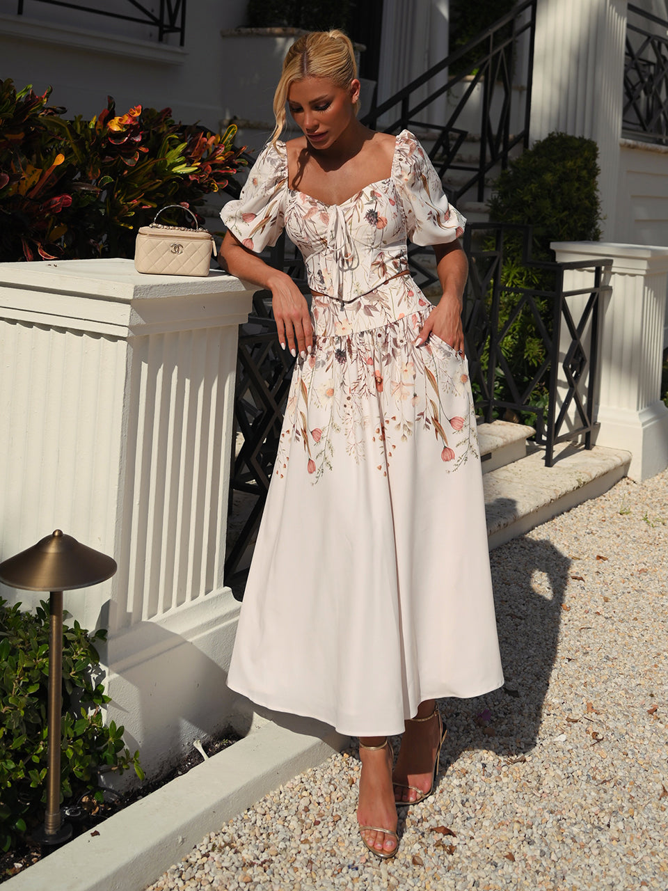 Bloom Garden Printed Midi Set with Corset and Skirt with Pockets