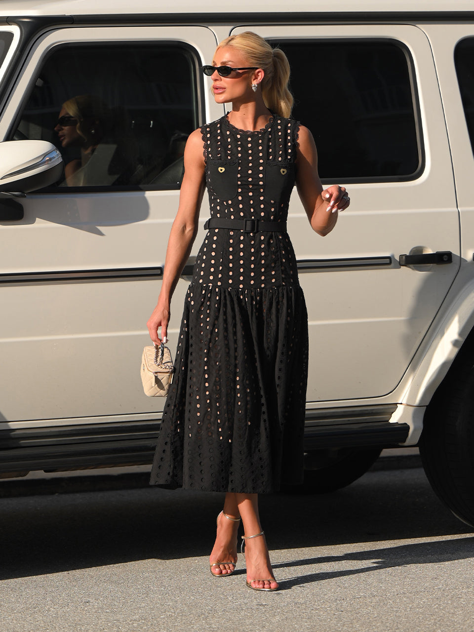Black Eyelet Embroidered Lace Midi Dress with Marked Waist and Front Pockets