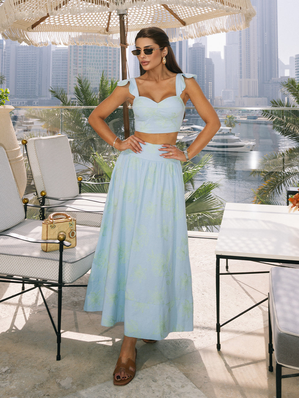 Blue Set with Green Floral Embroidery and Blue Bloom Crop Top with Ruffled Straps