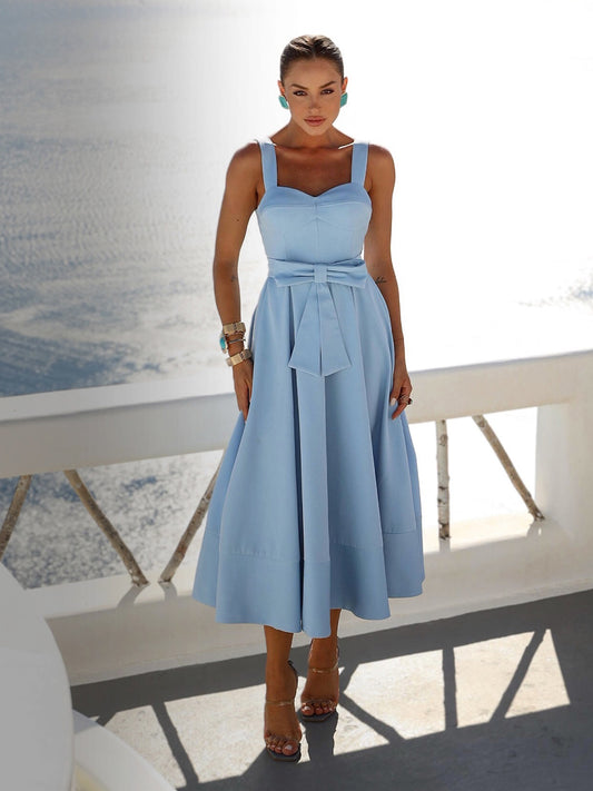 Blue Coast Crepe Midi Dress with Front Bow and Wide Straps