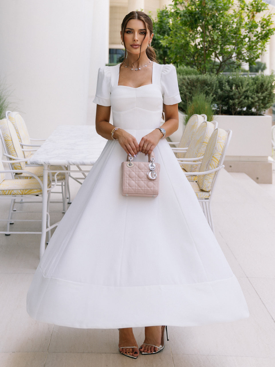 Off-White Crepe Midi Dress with Puff Sleeves and Sweetheart Neckline