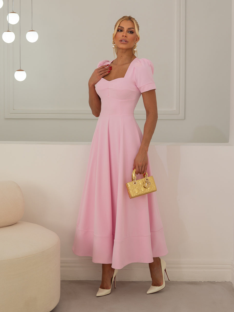 Structured Crepe Midi Dress with Puff Sleeves and Sweetheart Neckline in Rosebloom Pink