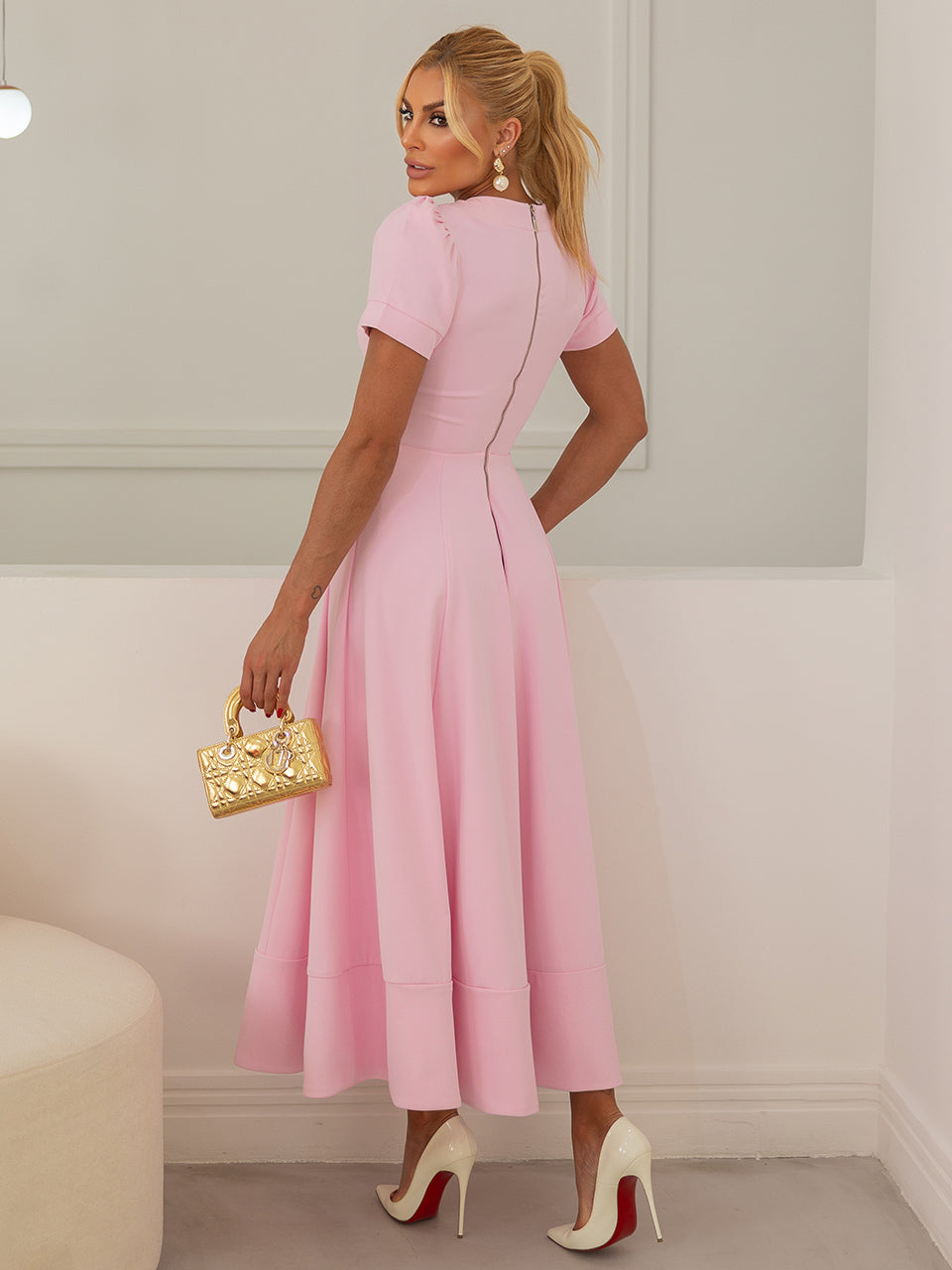 Structured Crepe Midi Dress with Puff Sleeves and Sweetheart Neckline in Rosebloom Pink