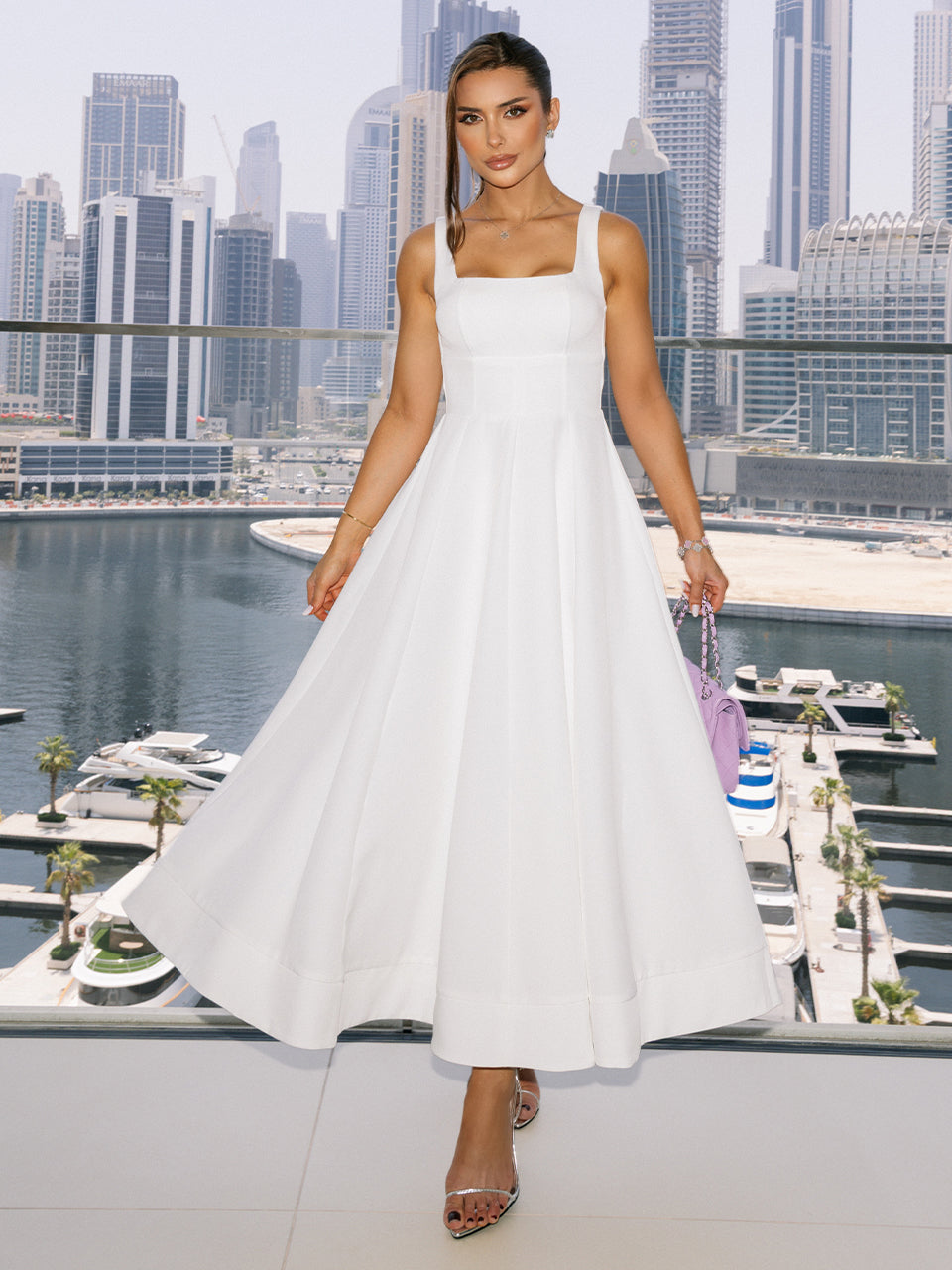 Off-White Ivory Sky Full-Bodied Crepe Midi Dress with Square Neckline and Cut-Out Back