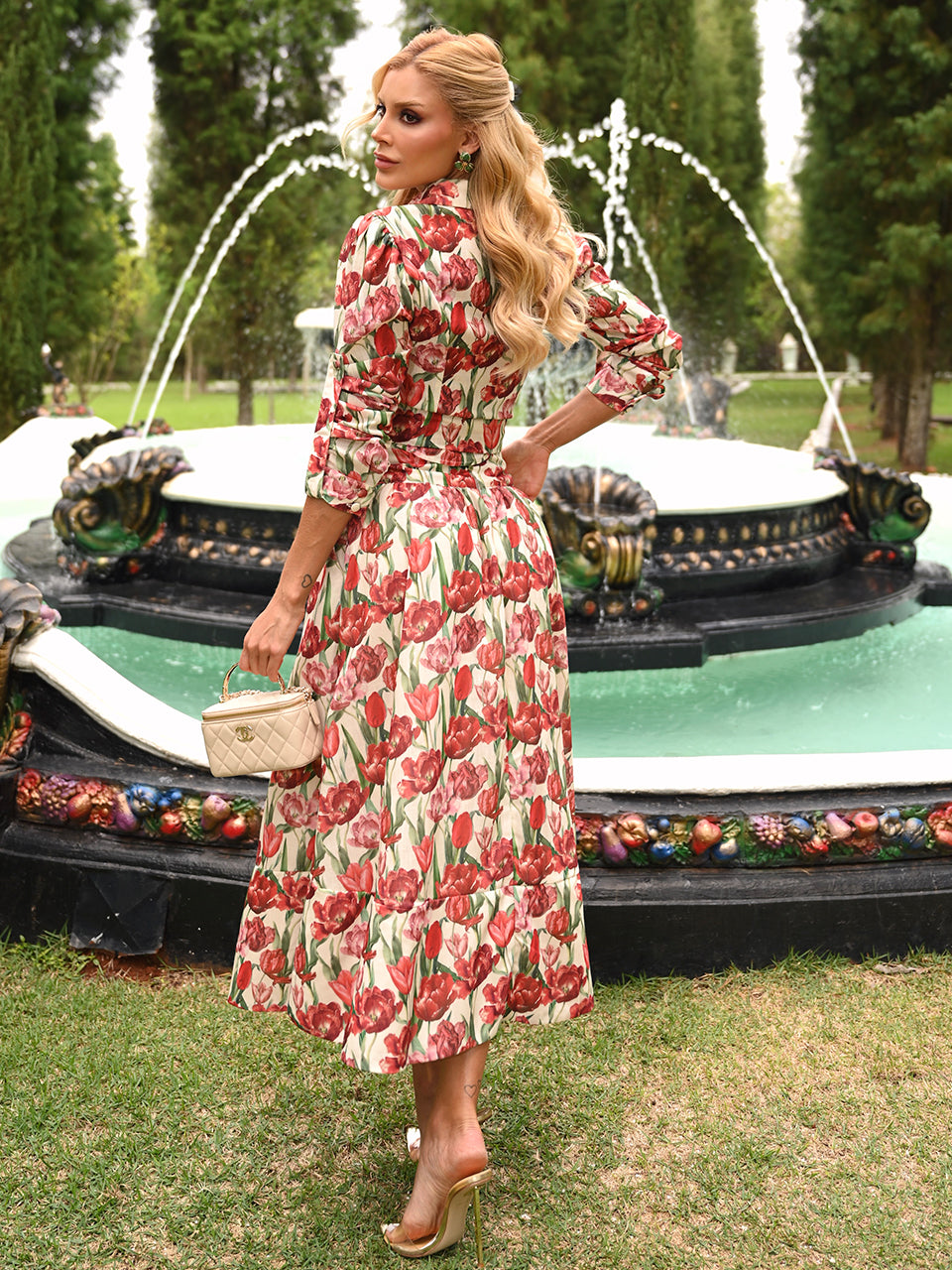Conjunto Holly Midi Floral em Crepe Alfaiataria Premium Bege | Limonada Pink