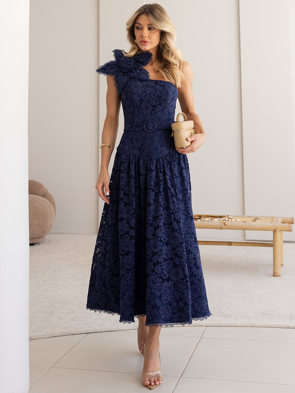 knee length dresses for ladies Navy Blue Midi Dress in Lace with Handmade Sardinian Flower – Limonada Pink