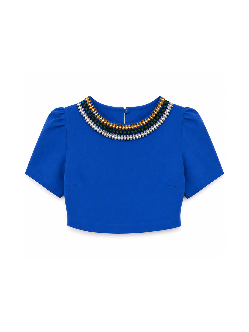 Cropped Azul Bordado com Ombreiras Ritmo