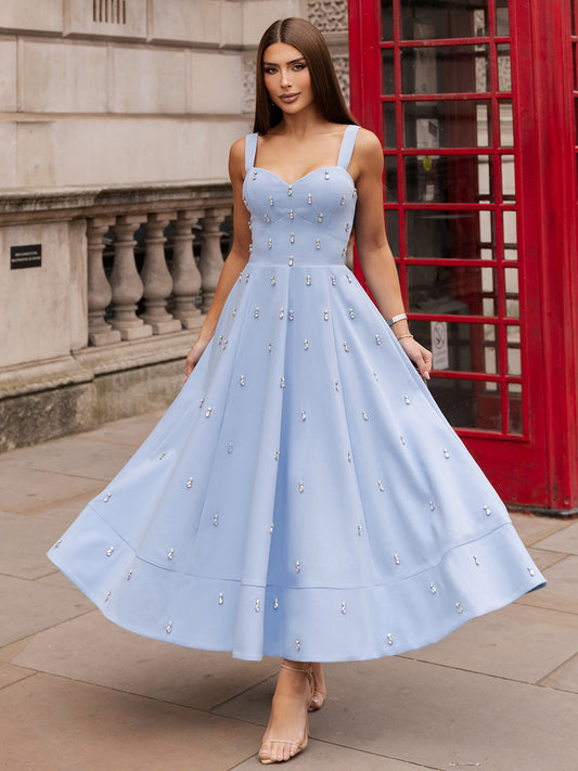 Vestido Midi Azul Serenity com Pedrarias London