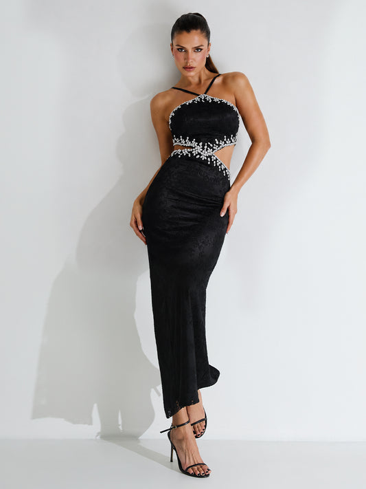Vestido Magnetic Midi Justo em Tule Bordado Preto com Pedrarias | Limonada Pink