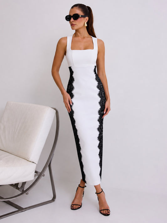 Vestido Houston Midi Justo em Crepe Off-white com Renda Chantilly | Limonada Pink