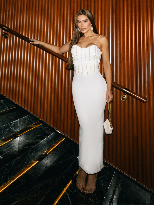 Vestido Midi em Crepe Branco com Corset Bordado de Pérolas e Alças Finas Lumière Bianca