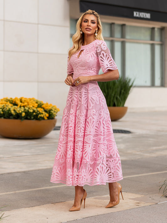 Vestido Midi de Renda Guipir Rosa Candy Clara