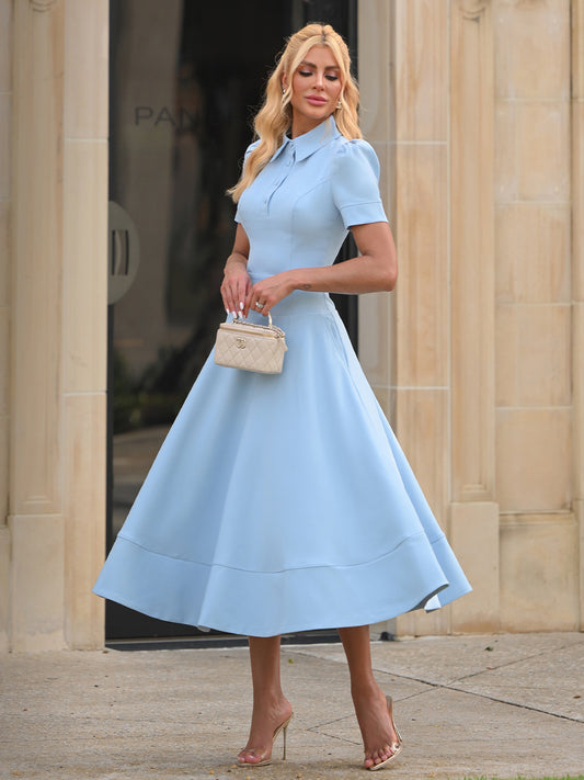 Vestido Midi Skyline Crepe Azul com Gola Camisa e Botões Forrados