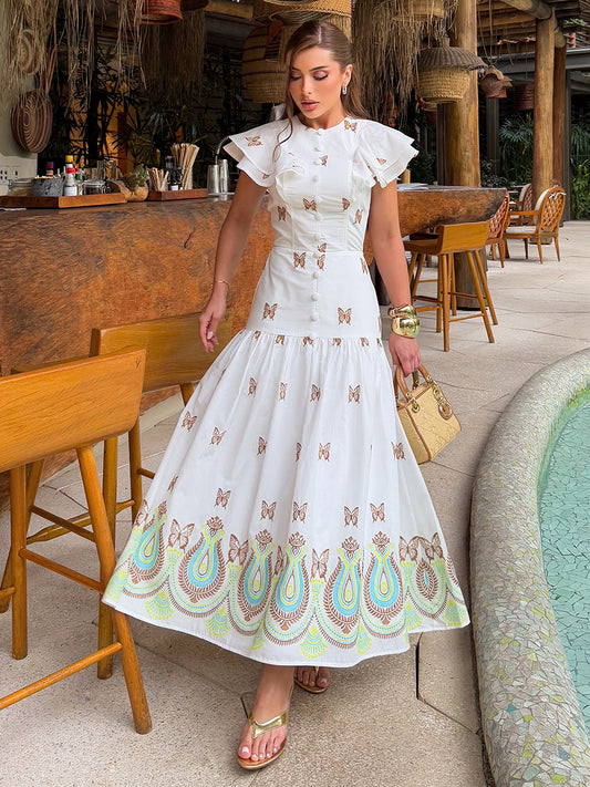 Vestido Midi Branco em Cambraia Bordada Aurora