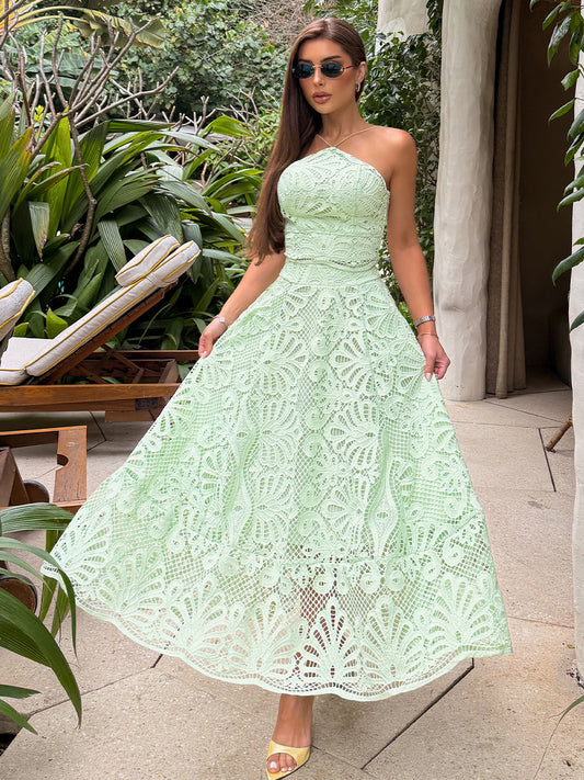 Conjunto Midi em Renda Guipir Verde Menta Fresh Verde Luce