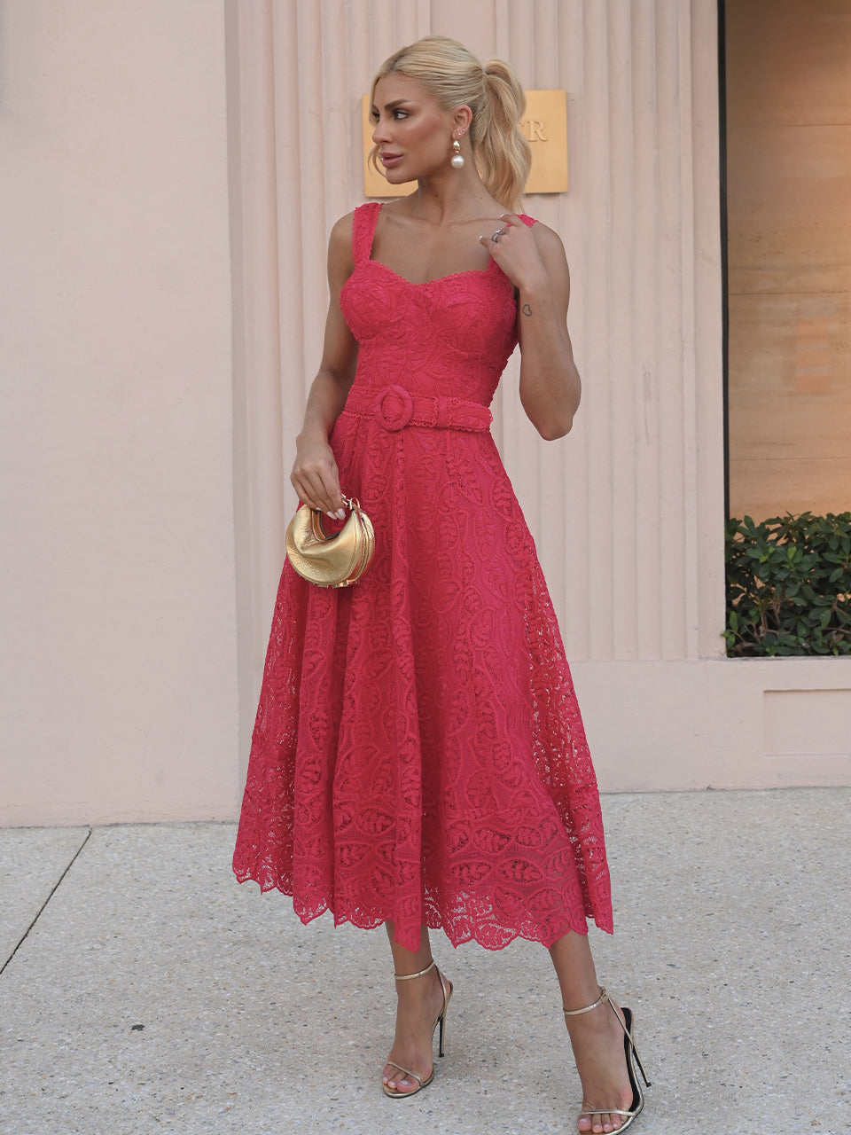 Red Lace Rouge Midi Dress with Wide Straps and Godet Skirt