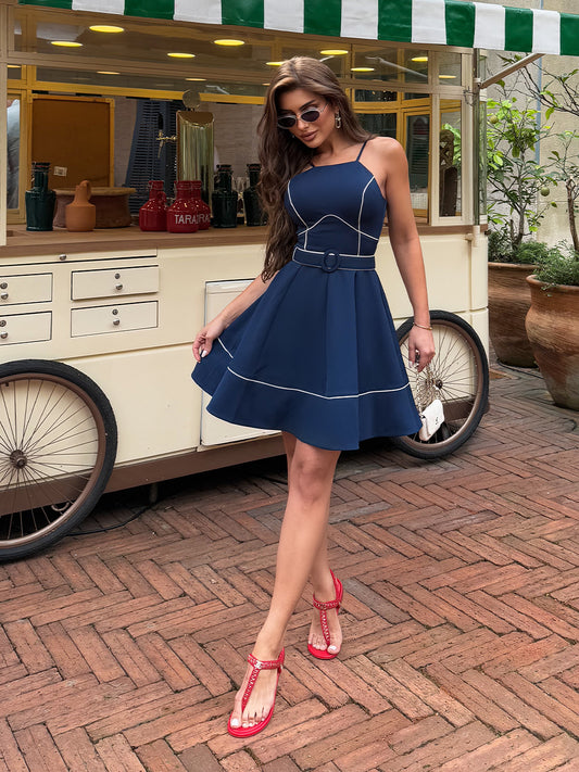 Vestido Curto em Crepe Azul Marinho Fresh Blu Marina