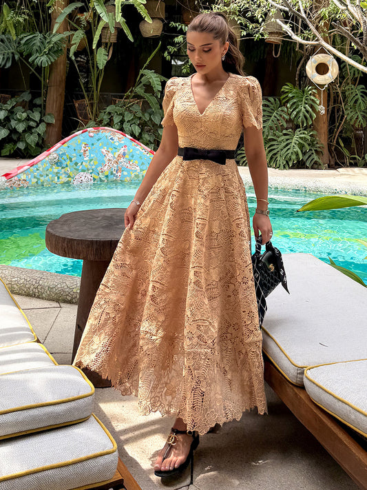 Vestido Midi Caramelo em Renda Isadora