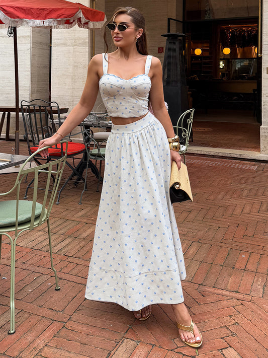 Conjunto Midi Cru com Poás Bordados Azul Oceania