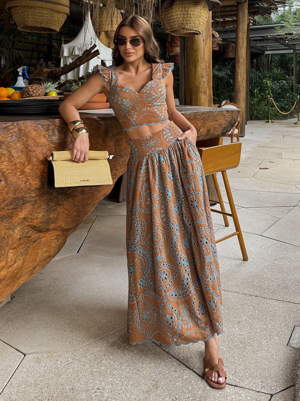 Caramel Midi Set in Ochre Embroidered Laise