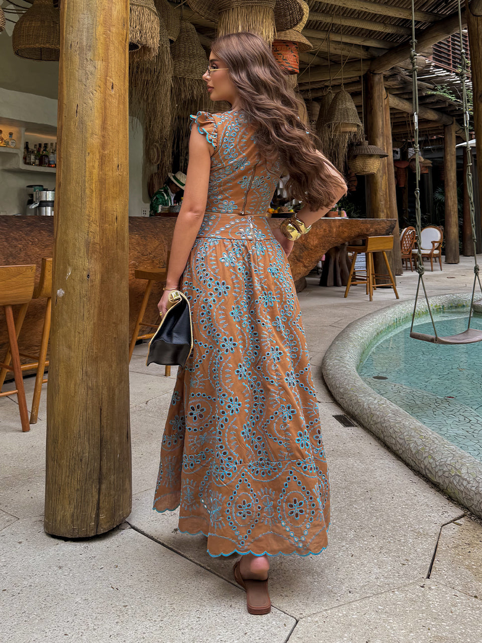 Caramel Midi Set in Ochre Embroidered Laise