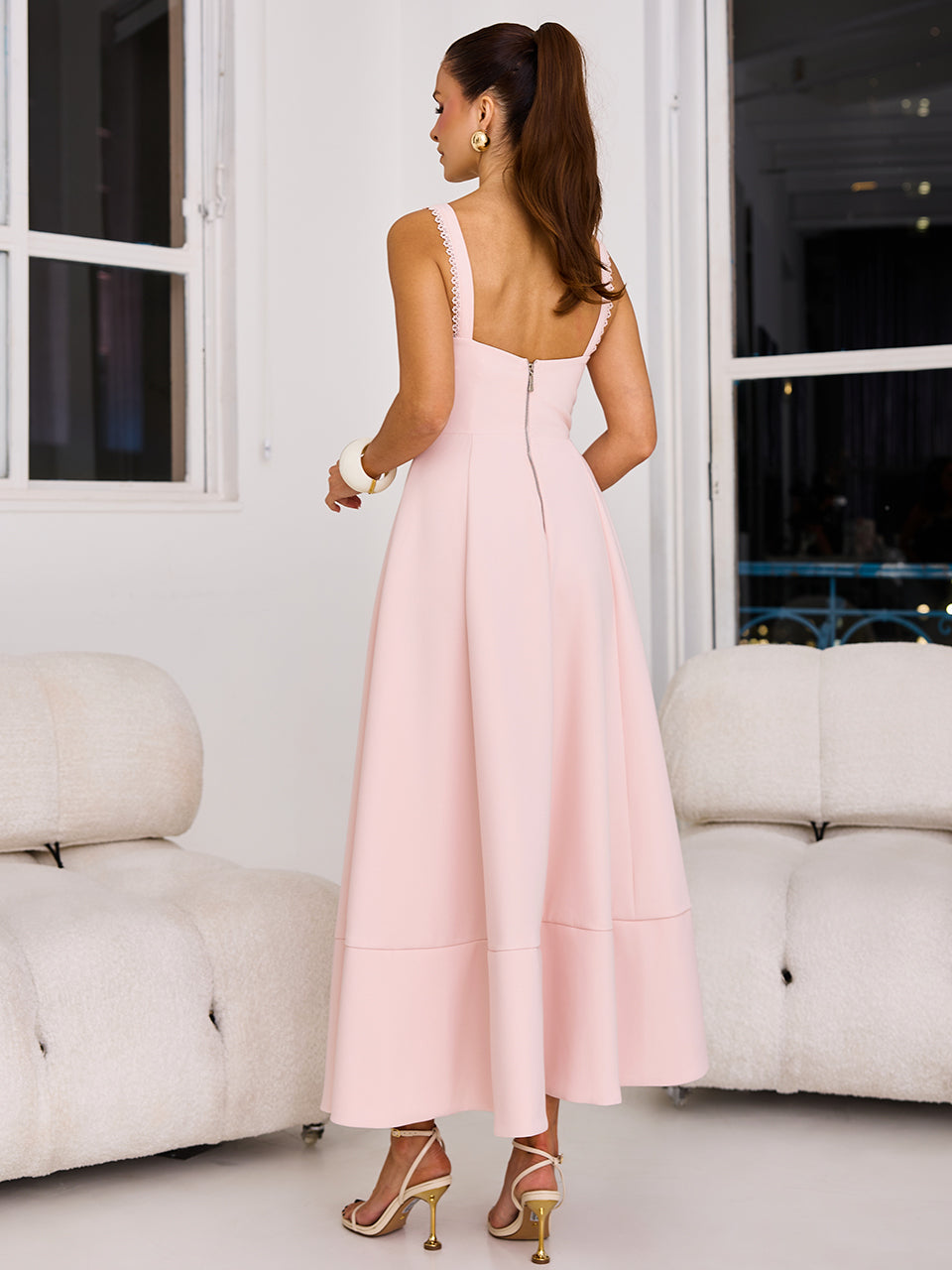 Vestido Tea & Roses Midi Rodado em Crepe Rosa Candy | Limonada Pink