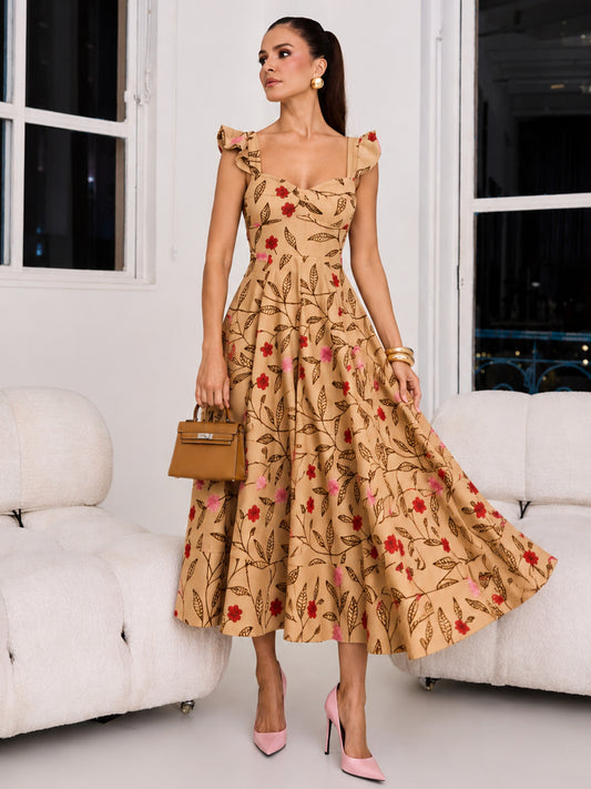 Vestido Catalina Midi Rodado em Telado Bordado Bege | Limonada Pink