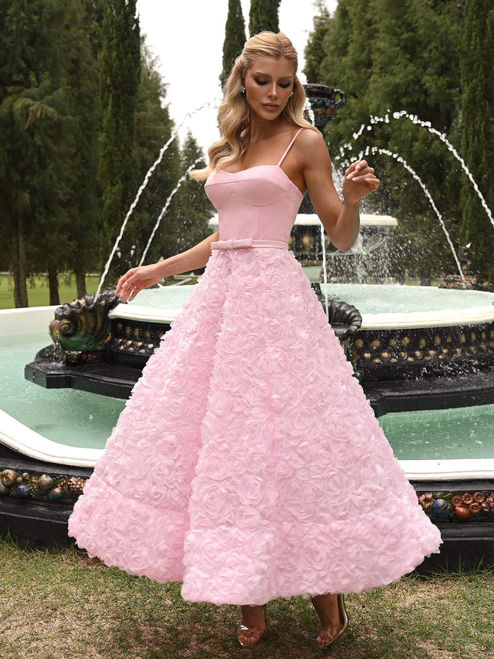 Vestido Raízes Midi Rosa Candy em Crepe e Tule Floral 3D | Limonada Pink