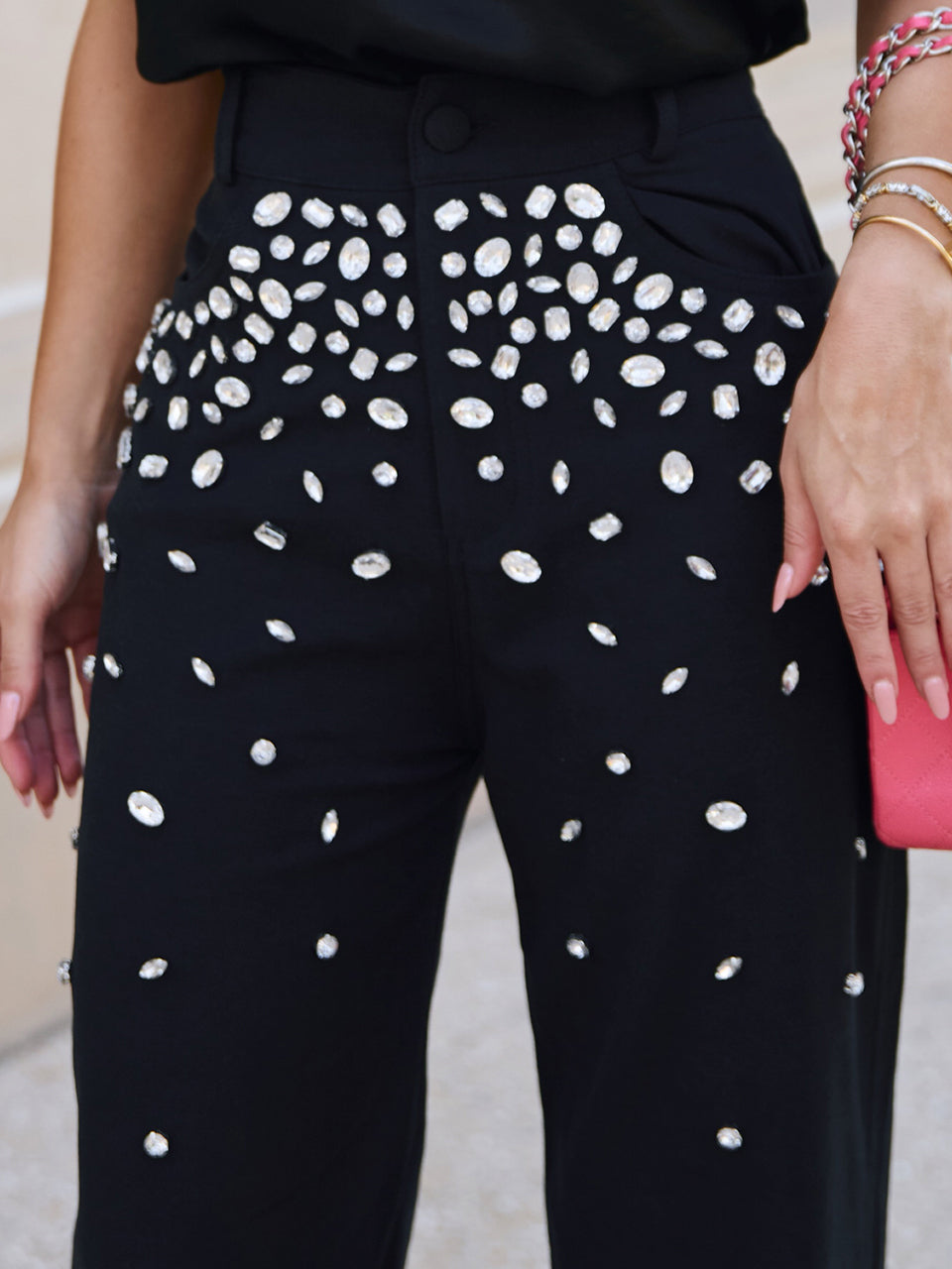 Calça Jewellery Wide Leg Preta Bordada com Pedrarias | Limonada Pink