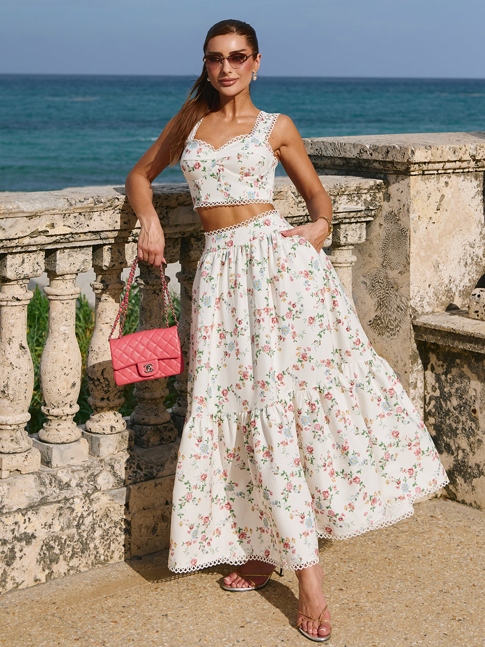 Conjunto Fleur Midi Floral com Bolsos Faca | Limonada Pink