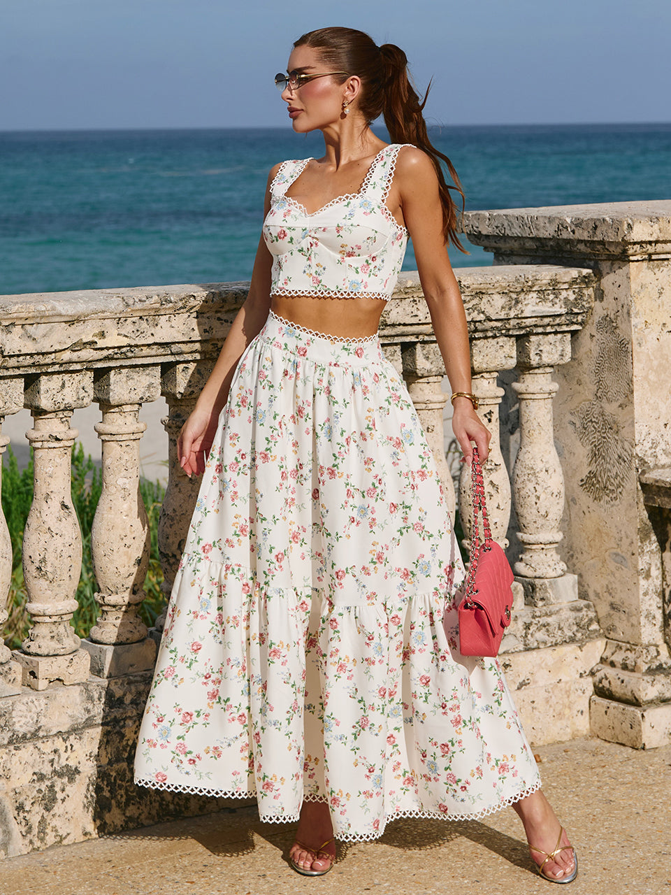 Conjunto Fleur Midi Floral com Bolsos Faca | Limonada Pink