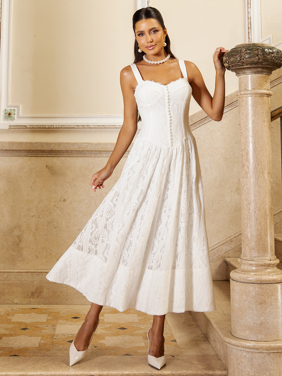 Vestido Midi de Renda Off White Éloise