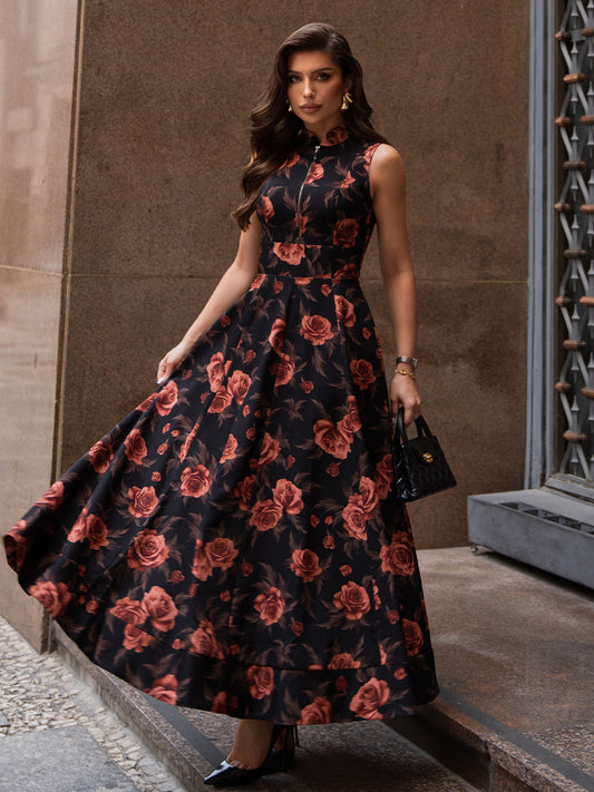 Vestido Midi Floral com Fundo Preto Astrid