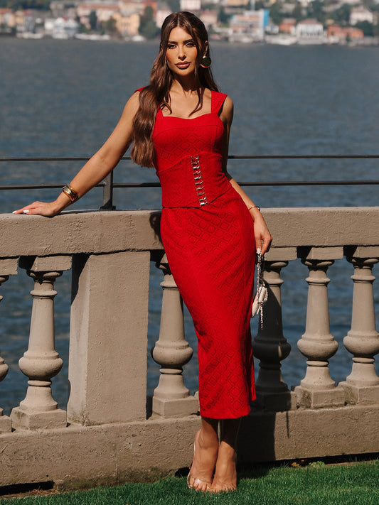 Vestido Com Espartilho de Renda Vermelho Bella di Milano