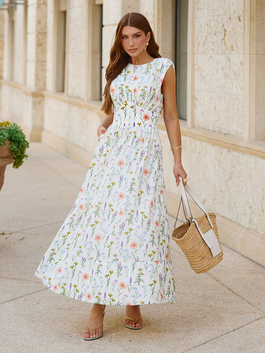 Vestido Midi Floral com Cintura Estruturada e Ombreiras Boulevar