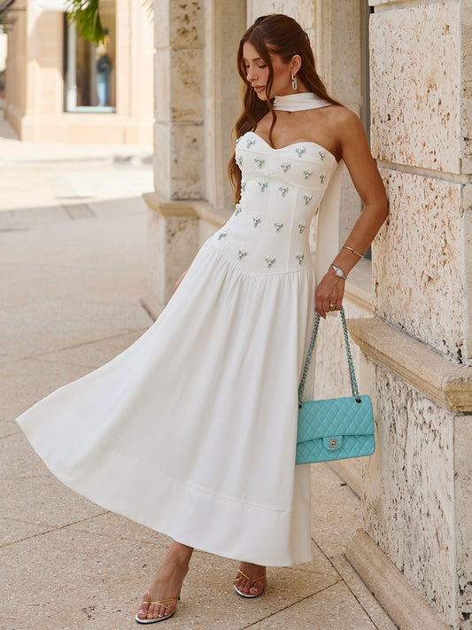 Vestido Aquamarine Midi Off White Decote Coração com Faixa | Limonada Pink