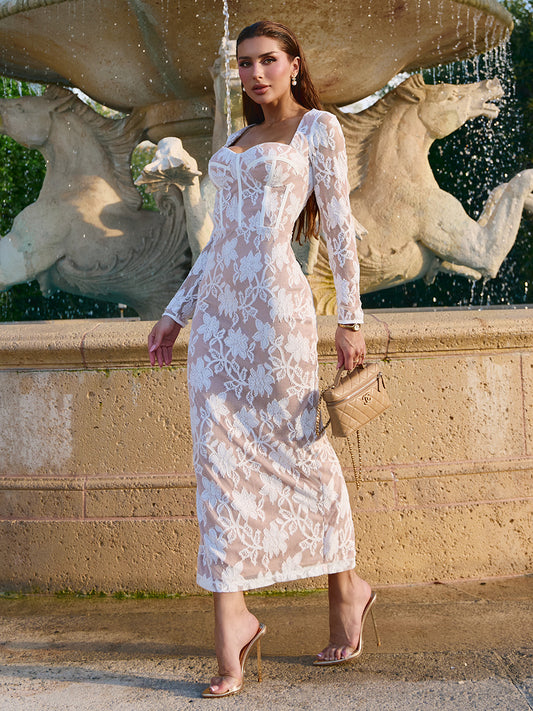Vestido Bianca Midi de Renda Off White com Nude | Limonada Pink