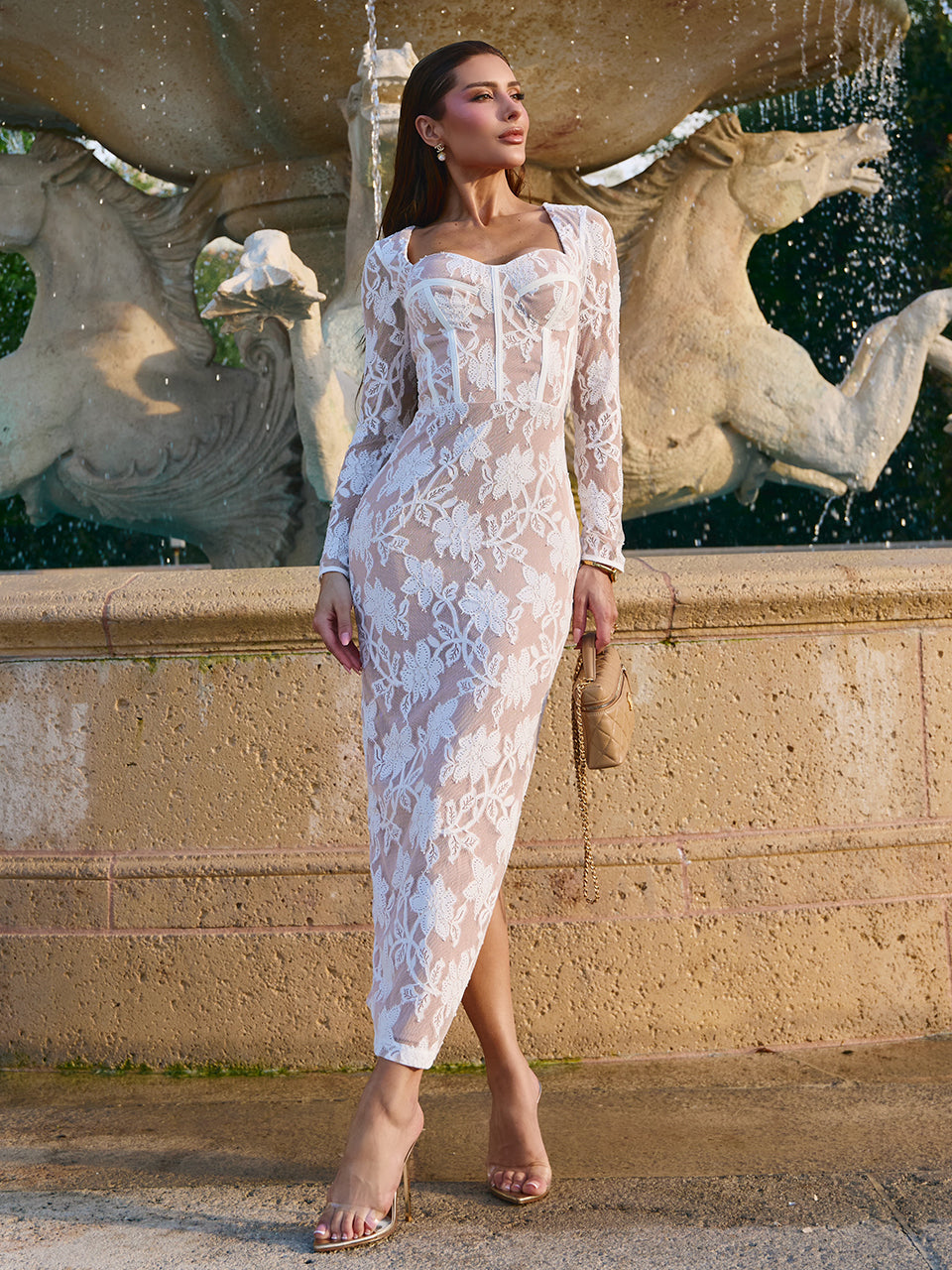 Vestido Bianca Midi de Renda Off White com Nude | Limonada Pink
