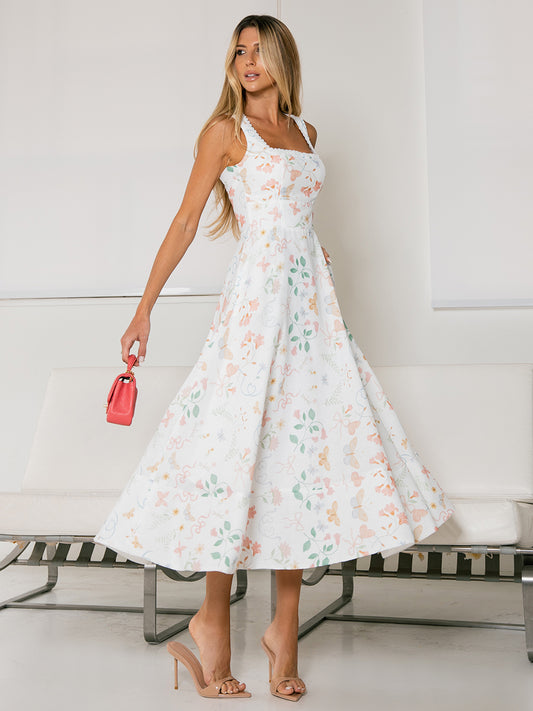 Vestido Midi Off White Estampado Papillon