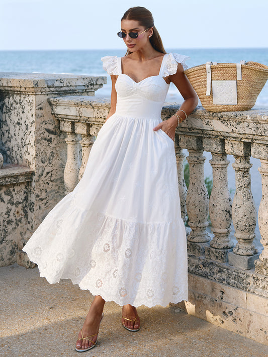 Vestido Midi em Cambraia Off-White Santorini