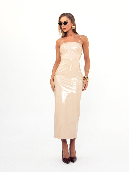 Vestido Midi de Vinil Runway Bege