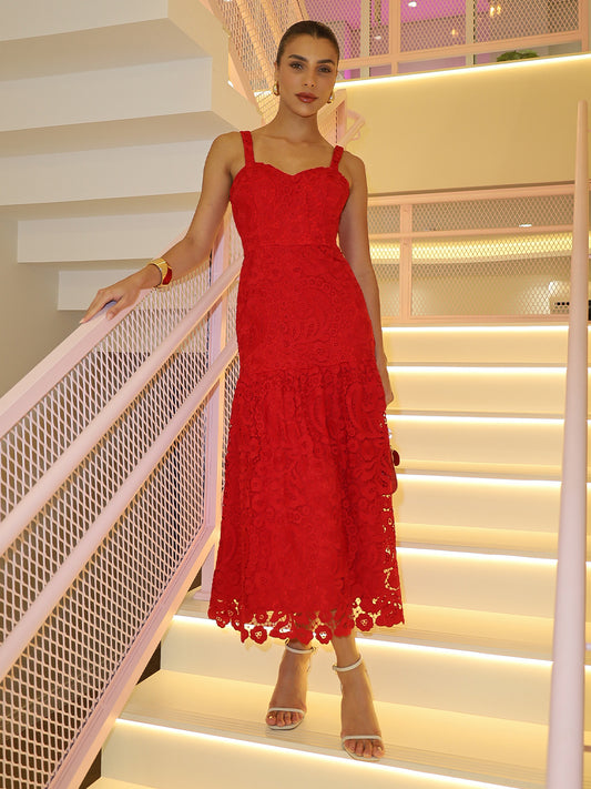 Vestido Midi de Renda Red Glow