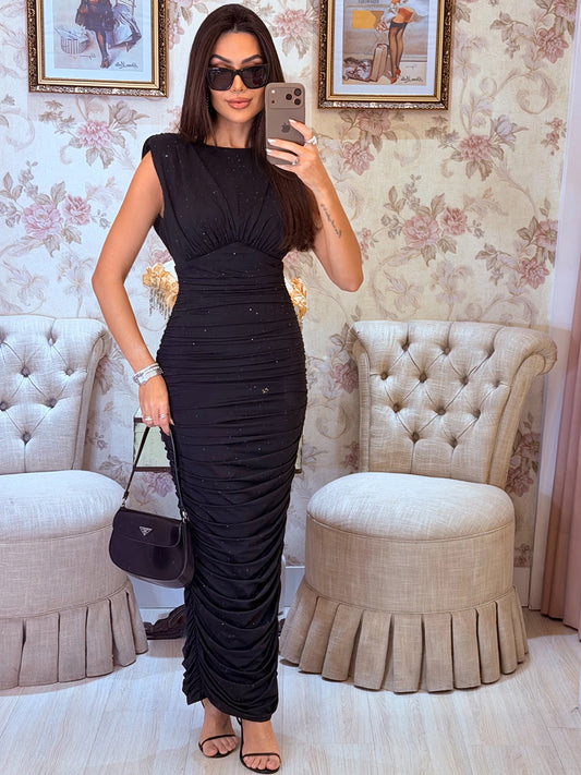 Vestido Luna Midi Preto em Malha com Cristais Termocolantes | Limonada Pink