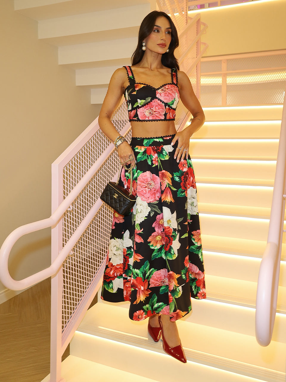 Conjunto Midi Midnight Garden em Crepe Floral – Limonada Pink
