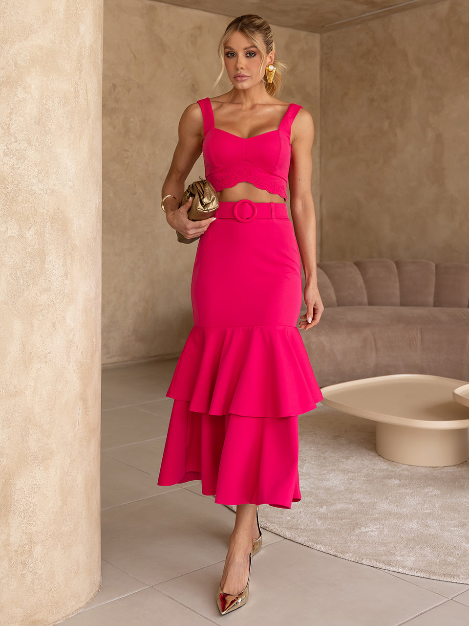 Conjunto Midi em Crepe Pink Compasso