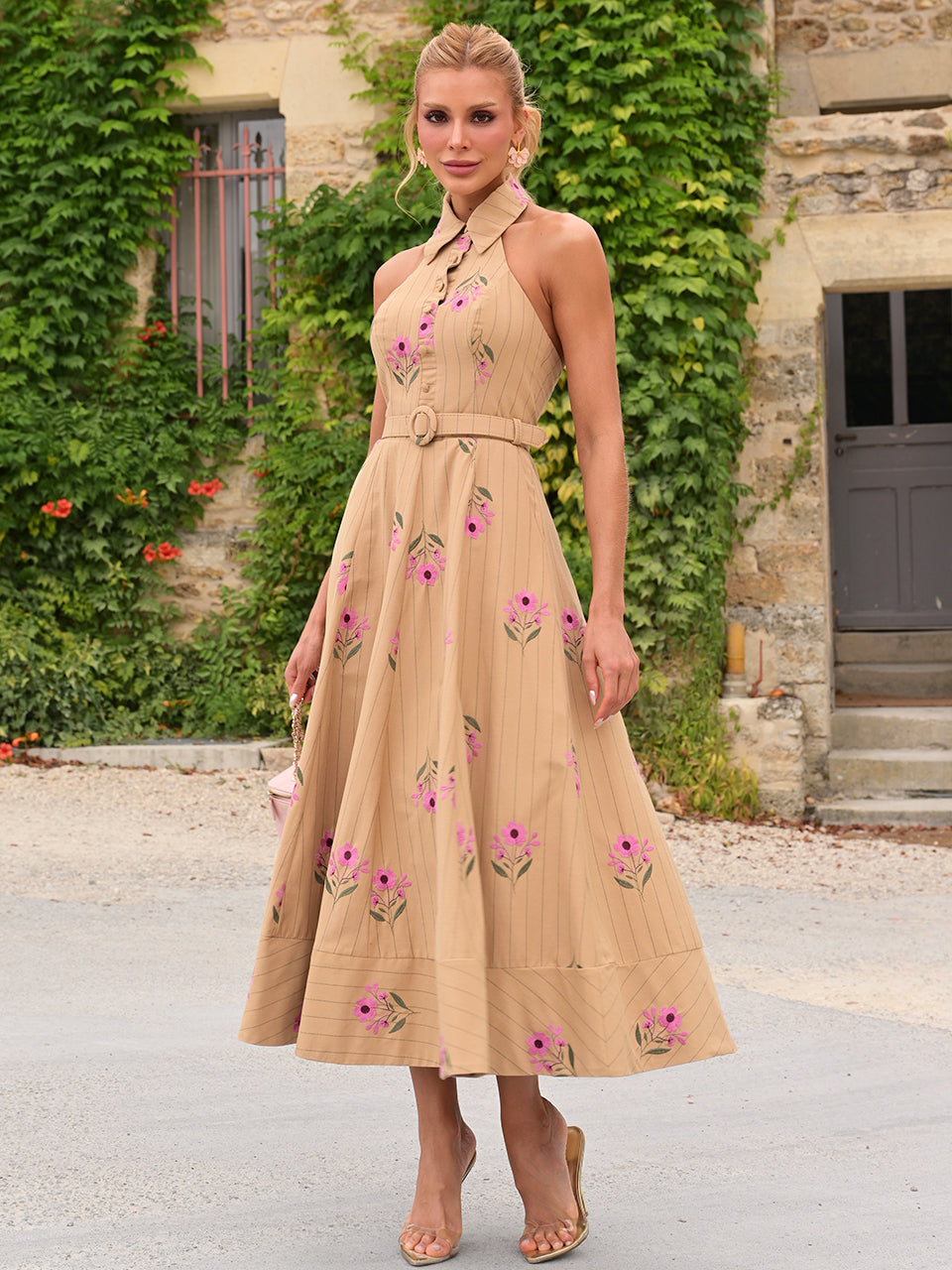 Vestido Helena Midi de Tricoline Listrada Bege | Limonada Pink