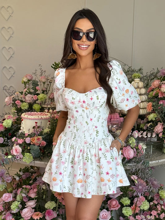 Vestido Curto Blooming Holiday em Crepe Floral