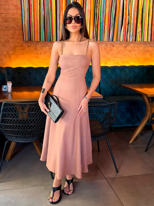 Vestido Midi Marrom em Crepe Ravena Chic Barcelona