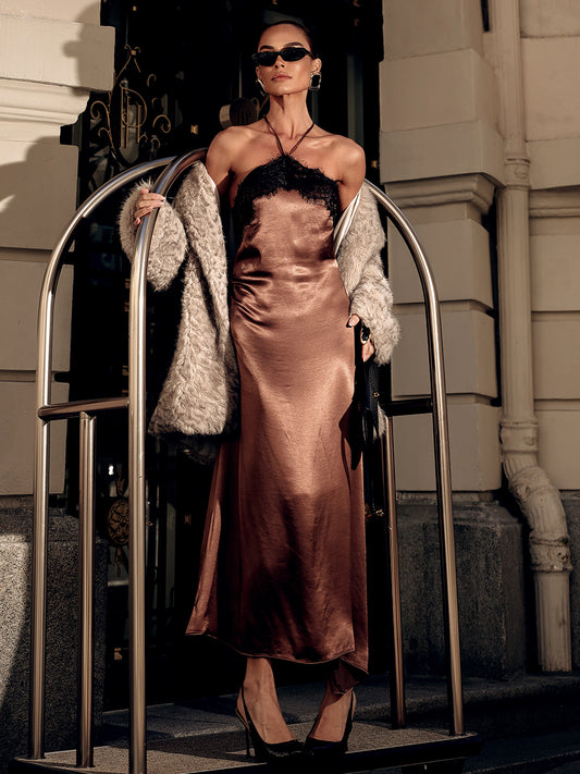 Vestido Midi Cetim Chocolate com Renda Caterina