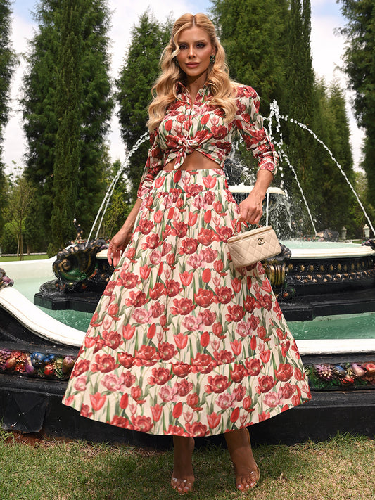 Conjunto Holly Midi Floral em Crepe Alfaiataria Premium Bege | Limonada Pink